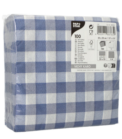 Product foto van Papieren servetten 1-laags blauw/wit Vichy Karo set van 100