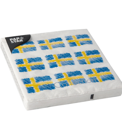 Product foto van Papieren servetten 3-laags 33cm x 33cm Sverigeflagga set van 20