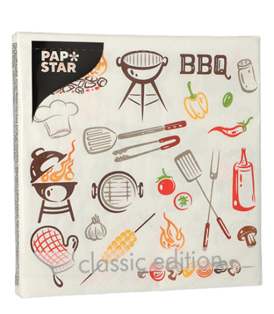 Product foto van Papieren servetten 3-laags 33x33cm BBQ set van 20