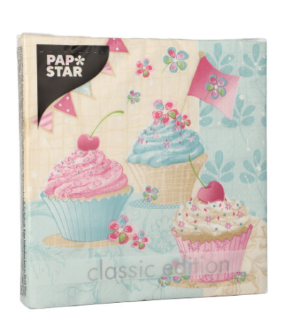 Product foto van Papieren servetten 3-laags 33x33cm Birthday Cup Cakes set van 20
