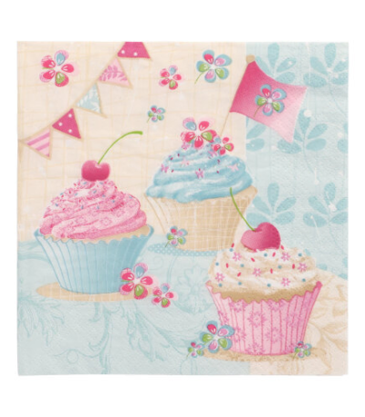 Product foto van Papieren servetten 3-laags 33x33cm Birthday Cup Cakes set van 20