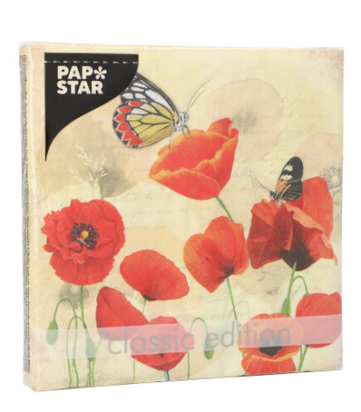 Product foto van Papieren servetten 3-laags 33x33cm Poppy Flowers set van 20