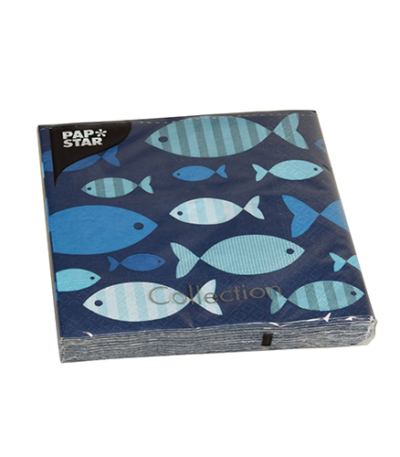 Product foto van Papieren servetten 3-laags Blue Fish set van 20
