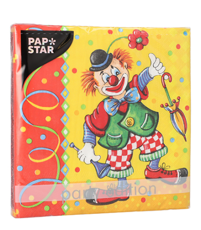 Product foto van Papieren servetten 3-laags Clown 33x33 cm set van 20