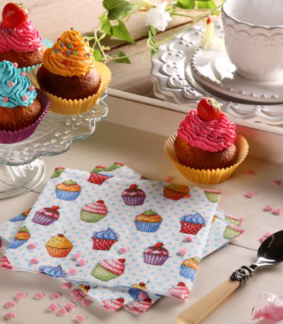 Product foto van Papieren servetten 3-laags cupcakes set van 20