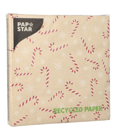 Product foto van Papieren servetten 3-laags natuur Candy Canes gerecycled 20 stuks