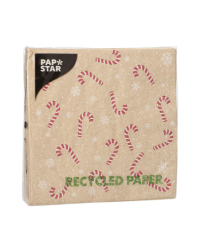 Product foto van Papieren servetten 3-laags natuur Candy Canes set van 20