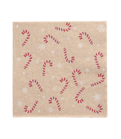 Product foto van Papieren servetten 3-laags natuur Candy Canes set van 20