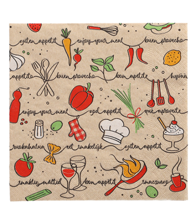Product foto van Papieren servetten 3-laags natuur "Enjoy your meal" 33cm x 33cm set van 20