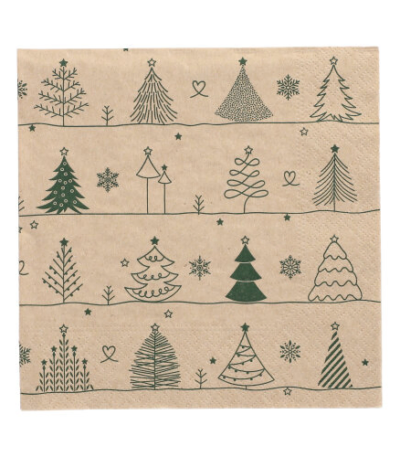 Product foto van Papieren servetten 3-laags natuur "Various X-Mas Trees" set van 20 gerecycled papier