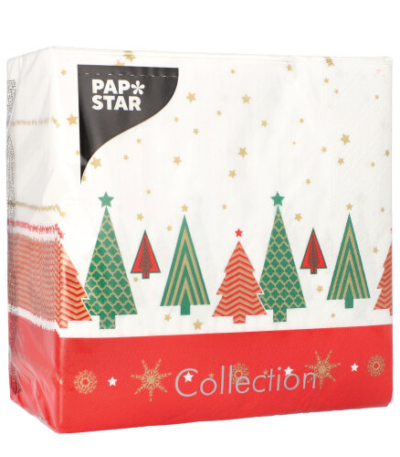 Product foto van Papieren servetten 3-laags plain kerstbomen set van 100