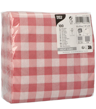 Product foto van Papieren servetten rood/wit 33x33 cm set van 100 Vichy Karo