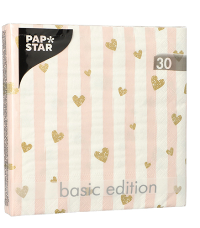 Product foto van Papieren servetten roze set van 30 Golden Hearts