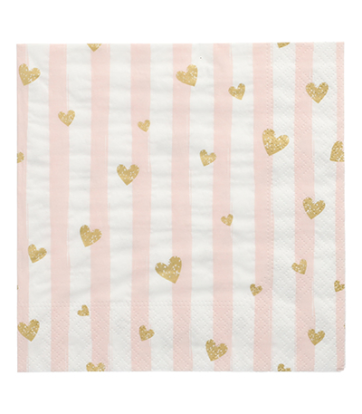 Product foto van Papieren servetten roze set van 30 Golden Hearts