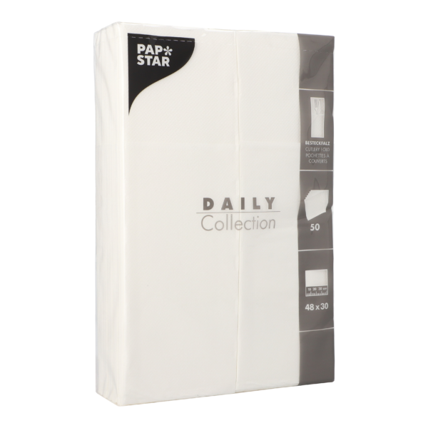 Product foto van Papieren servetten wit met bestekvouw DAILY Collection set van 50