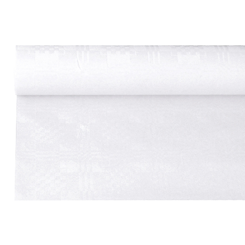 Product foto van Papieren tafelkleed damastprint wit 6m