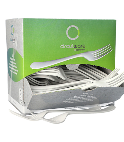 Product foto van Plastic herbruikbare vorken wit set van 100 Circulware by Haval Gaia