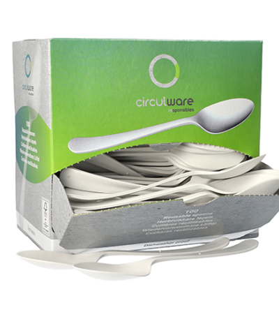 Product foto van Plastic lepels wit set van 100 19cm circulware Gaia extra stevig