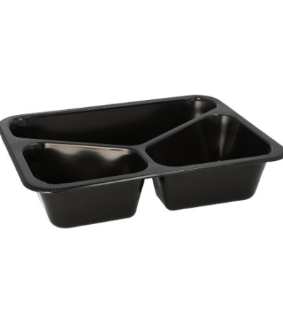Product foto van Plastic lunchschalen 3-vaks zwart set van 20