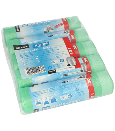 Product foto van Plastic pedaalzakken trekkoord groen 30l set van 125