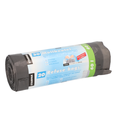 Product foto van Plastic zakken met trekkoord grijs set van 20 60l