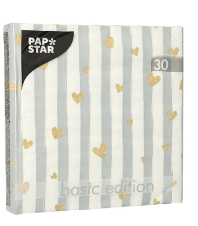 Product foto van Servetten grijs 3-laags 33x33cm set van 30 Golden Hearts