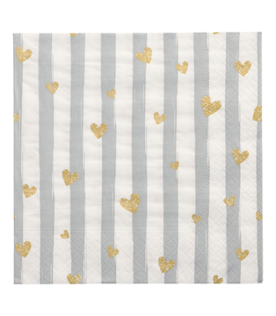Product foto van Servetten grijs 3-laags 33x33cm set van 30 Golden Hearts