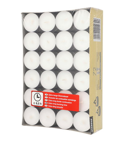 Product foto van Theelichtjes wit set van 72 extra lange brandtijd