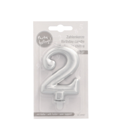 Product foto van Verjaardagskaarsjes met houder zilver 7cm set van 2