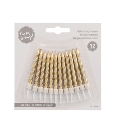 Product foto van Verjaardagskaarsjes op houder goud 12 stuks