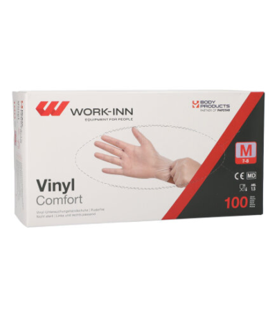 Product foto van Vinyl Handschoenen poedervrij Comfort transparant set van 100 M WORK-INN