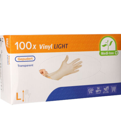 Product foto van Vinyl handschoenen gepoederd Light transparant L set van 100 Medi-Inn