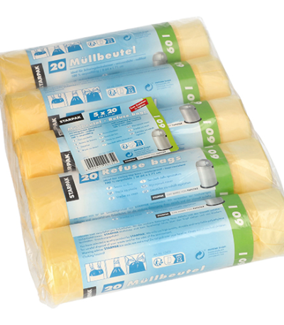 Product foto van Vuilniszakken met trekkoord geel HDPE 60L set van 100