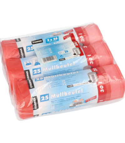 Product foto van Vuilniszakken trekkoord rood HDPE 30l set van 75