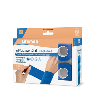 Product foto van Zelfklevende pleisters/bandages blauw set van 6 5m x 5cm