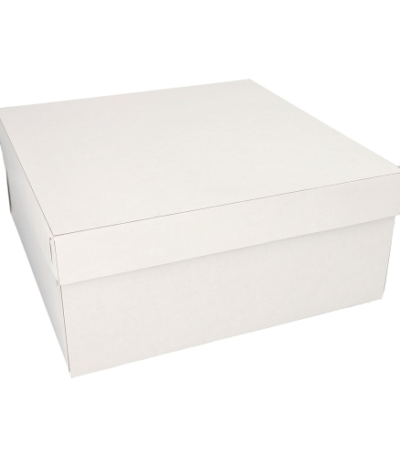 Product foto van 10 Kartonnen gebaksdozen met deksel hoekig 30 cm x 30 cm x 13 cm wit