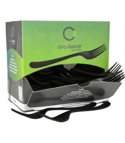 Product foto van 100 "Circulware" Herbruikbare vorken PP-MF 19 cm zwart "Gaia" extra stabiel