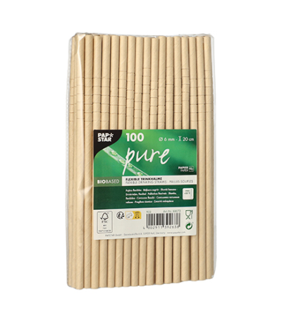 Product foto van 100 Drinkrietjes Papier "pure" Ø 6 mm · 20 cm bruin flexibel