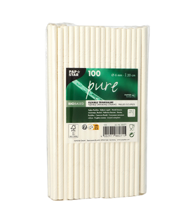 Product foto van 100 Drinkrietjes Papier "pure" Ø 6 mm · 20 cm wit flexibel