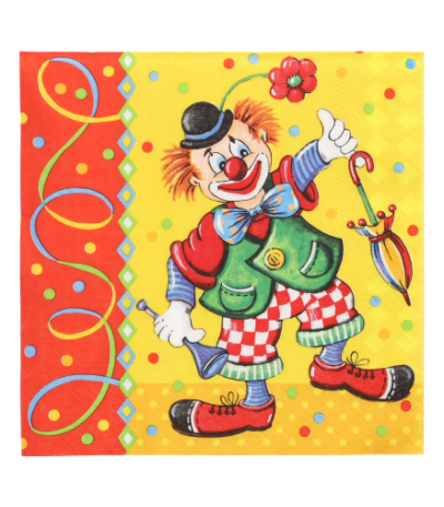 Product foto van 100 Servetten 3-laags 1/4 vouw 33 cm x 33 cm "Clown"