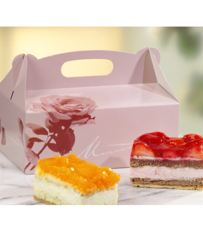 Product foto van 15 Gebakdozen hoekig 26 cm x 22 cm x 9 cm licht-rose met handvaten