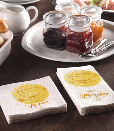 Product foto van 200 Servetten 3-laags 1/4 vouw 24 cm x 24 cm "Good Morning"