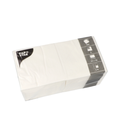 Product foto van 200 Servetten 3-laags 1/4 vouw 24 cm x 24 cm wit