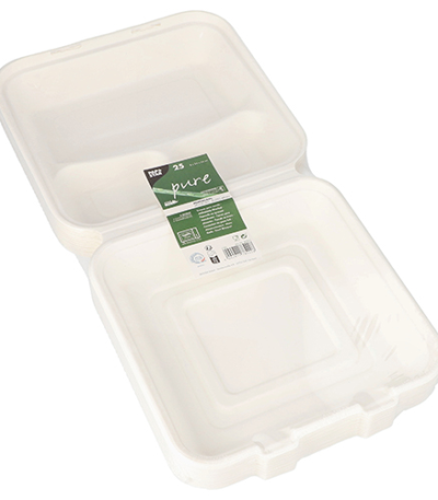 Product foto van 25 Menuboxen suikerriet "pure" 3-vaks 8 cm x 24 cm x 24 cm wit