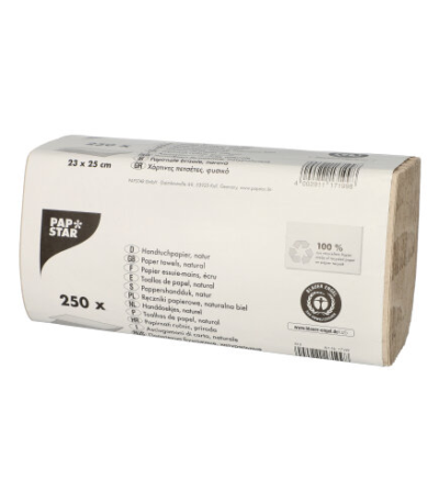 Product foto van 250 Blad Handdoekjes V-vouw 23 cm x 25 cm natuur Zigzag