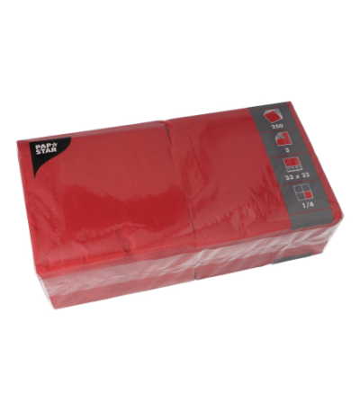 Product foto van 250 Servetten 3-laags 1/4 vouw 33 cm x 33 cm bordeaux
