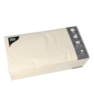 Product foto van 250 Servetten 3-laags 1/4 vouw 33 cm x 33 cm creme