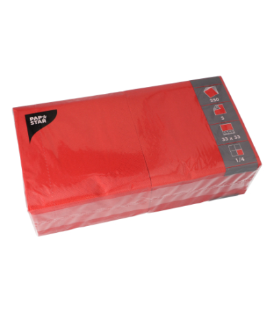 Product foto van 250 Servetten 3-laags 1/4 vouw 33 cm x 33 cm rood