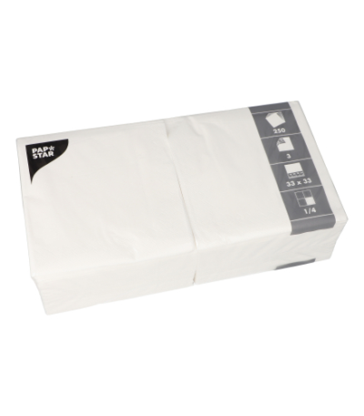Product foto van 250 Servetten 3-laags 1/4 vouw 33 cm x 33 cm wit