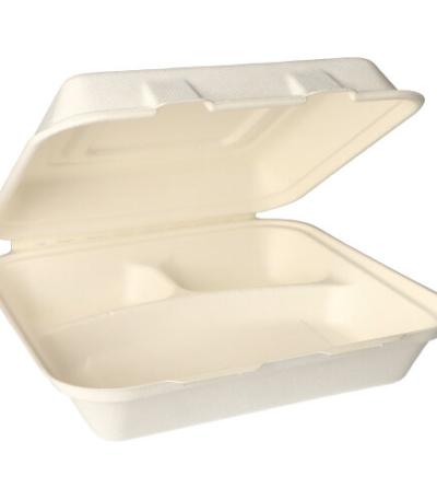 Product foto van 300 Menuboxen suikerriet "pure" 3-vaks 8 cm x 24 cm x 24 cm